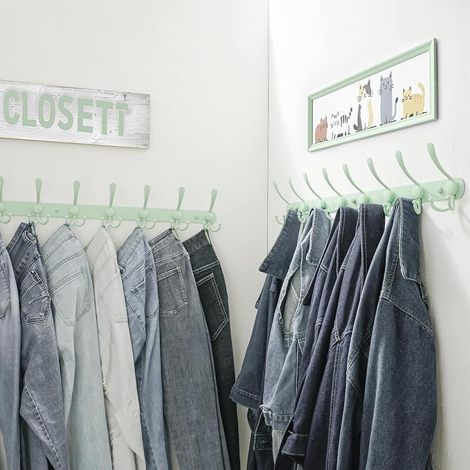 Dseap Coat Rack Wall Mount - 29.5” Long 8-Tri-Hooks Heavy Duty Coat Hanger Rail Wall Hooks for Hanging Coats Hats Clothing Clothes Purse Mudroom Entryway, Green-NeatNest