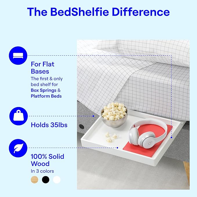 BedShelfie Bedside Shelf for Dorm Room Bunk Bed & Top Bunk, College Dorm Room Essentials, Bedside Caddy, Clip on Floating Desk Tray, Bed Side Table Storage, Loft Nightstand Decor- White Wood Slide-NeatNest