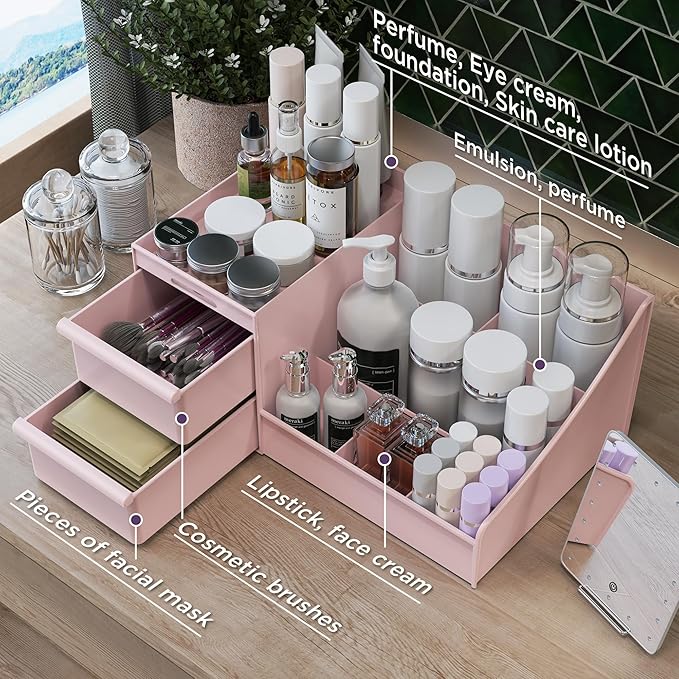 Makeup Organizer Countertop, Vanity Organizer with Drawers for Cosmetics, Skincare, Brushes, Perfume, Skincare Organizer for Vanity, Perfume Organizer for Dresser, Bathroom (Pink&2 Drawers)-NeatNest