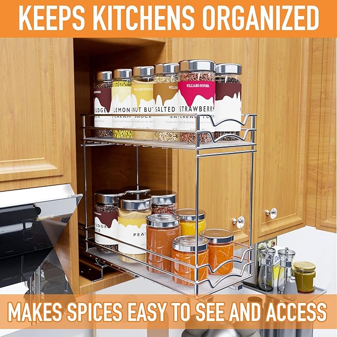 BBV Spice Rack Organizer, Double layer Seasoning Organizer for Cabinet Countertop, Kitchen, Pantry, Sliding Metal Chrome Spice Organization (5 inch)-NeatNest