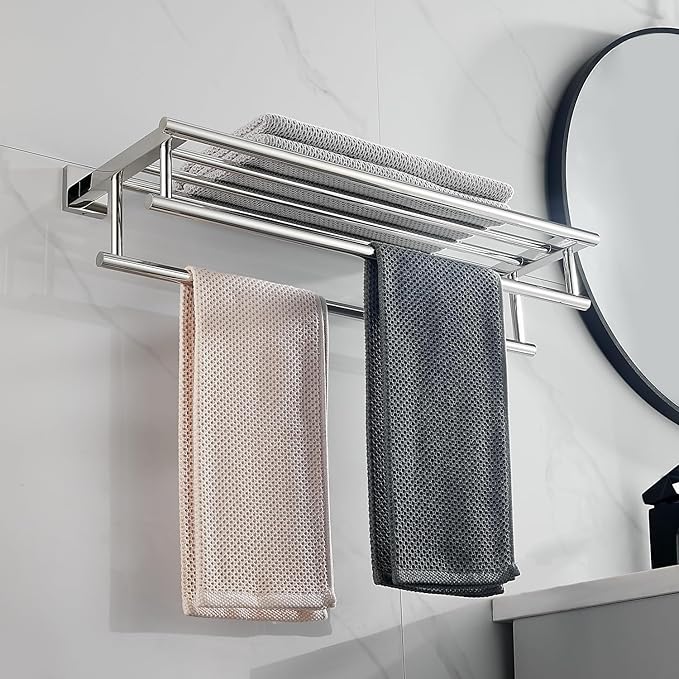 Bathroom Towel Rack 24 Inch Tower Holder with Double Towel Bar Polished Chrome Towel Rack Wall Mounted SUS304 Stainless Steel Hotel Towel Shelf Modern Towel Hanger