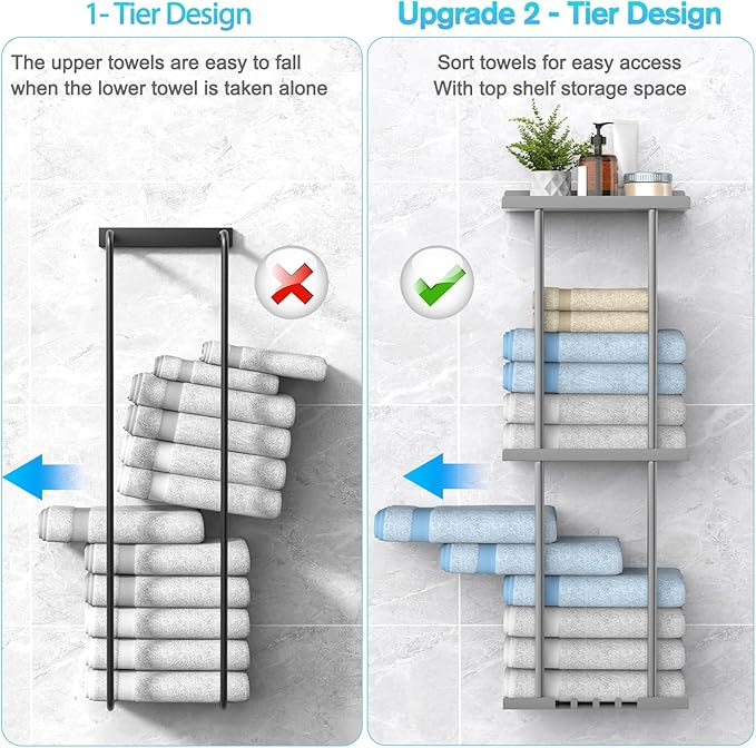 LiuoudTowel Rack for Bathroom, Wall Mounted Vertical Rolled Towel Storage Organizer Holder with Shelf, Holds Up 6 Large Bath Sheets, Silver Grey Large