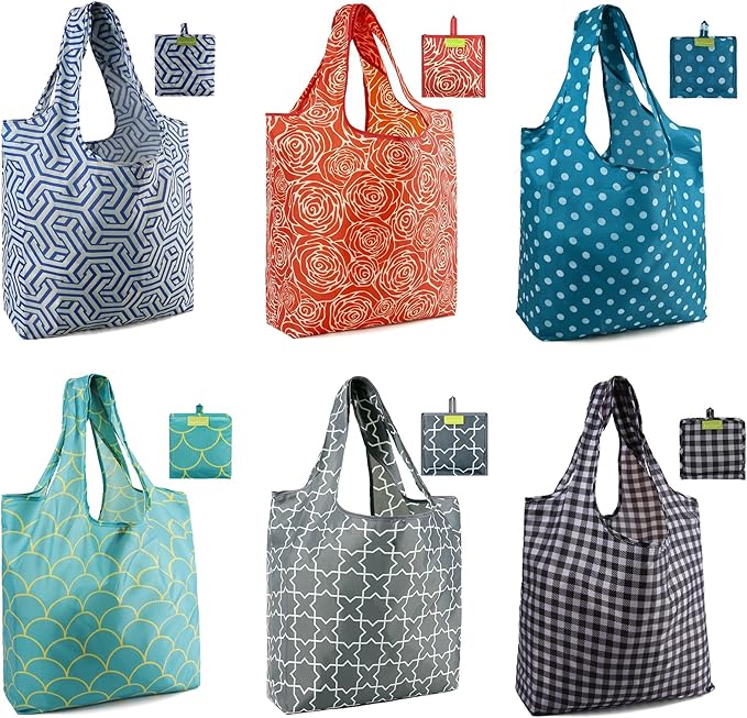 BeeGreen Reusable Grocery Bags Geometry Design - Pack of 6 Foldable Totes for Women with Pouch,X-Large 50lbs Capacity Machine Washable Polyester Sturdy Shopping Bags for Women Travel Shopping-NeatNest