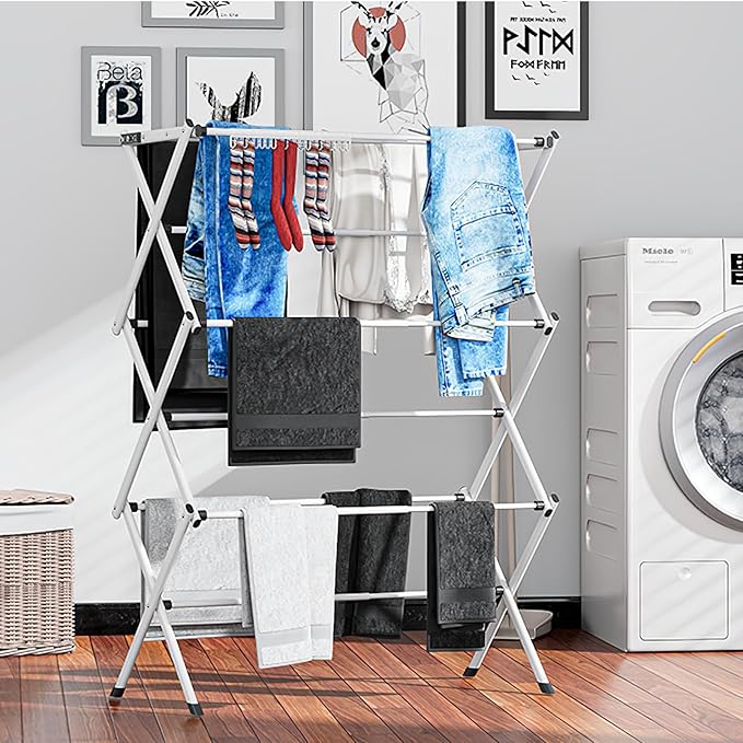 3-Tier Clothes Drying Rack Foldable | Foldable Clothing Drying Rack | Laundry Drying Rack Collapsible |Small Dry Rack Use for Laundry Room, Dorm,-White+Black