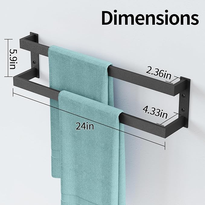 Double Towel Bar, 24Inch Towel Rack for Bathroom,Towel Holder Wall Mounted, Double Towel Rod Towel Rail Hanger for Wall, Kitchen (Matte Black)