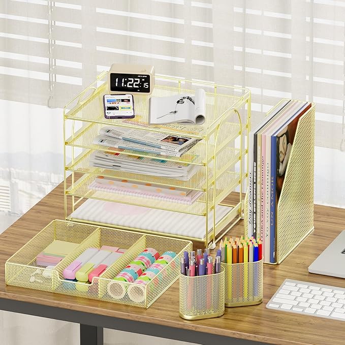 Desk Organizers and Accessories, 5-Tier Paper File Organizer with Drawer & Pen Holder, Office Desk Accessories Workspace Desktop Organizer for Office Supplies(Gold)-NeatNest