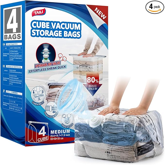 TAILI Vacuum Storage Bags for Travel, Medium Cube (25x19x11 inch), 4 Pack Vacuum Seal Bags for Clothing, Compression Packing for Clothes, Blankets, Baby Clothes, No Pump Needed, Travel Accessories-NeatNest