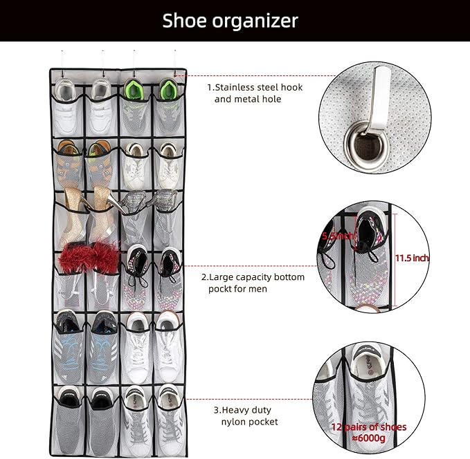Hanging Shoe Organizer, Over The Door Shoe Organizer with 24 Mesh Large Pockets Door Shoe Rack for Men Women Kids Hanging Door Shoe Holder Size:58x21 Inch (White-2pack)-NeatNest