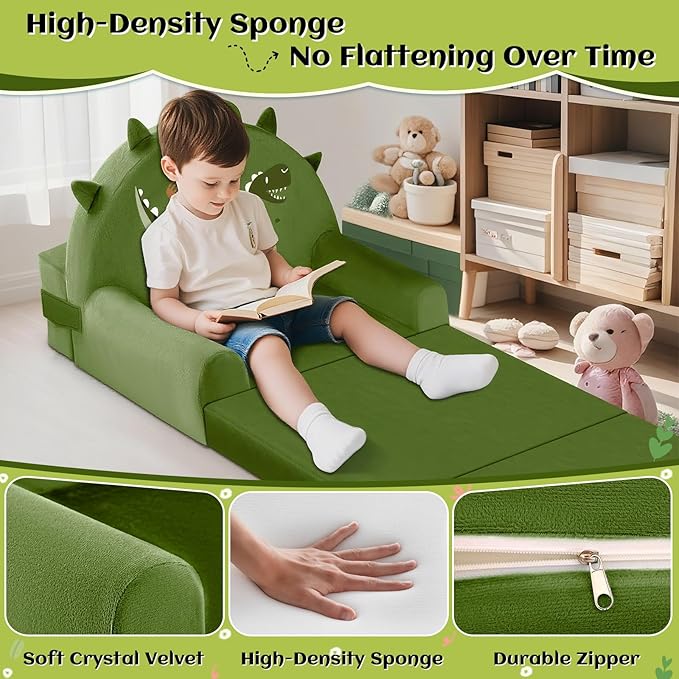 Dinosaur Kids Sofa Bed with Removable Washable Cover & Hook and Loop Backrest – Foldable Toddler Chair, Cozy Crystal Velvet Furniture for Playtime, Naps & Travel (Dark Green, Dino Design)-NeatNest
