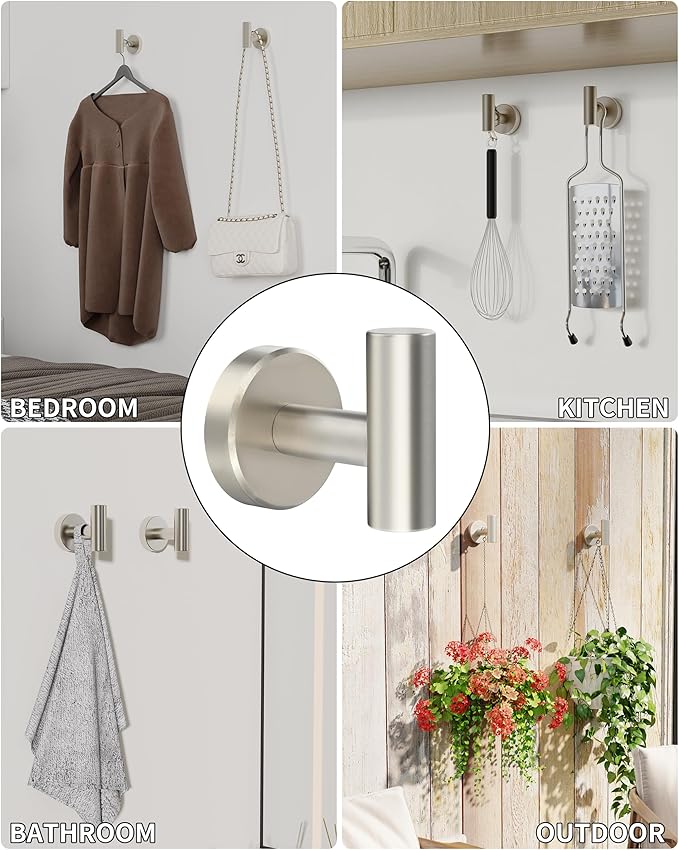 Brushed Nickel Towel Hook, Coat Robe Clothes Hook for Kitchen Garage Wall Mounted 2 Pack, 304 Stainless Steel, Heavy Duty Door Hanger, Cabinet Closet Wall Hook for Hotel Pool(Brushed Nickel)