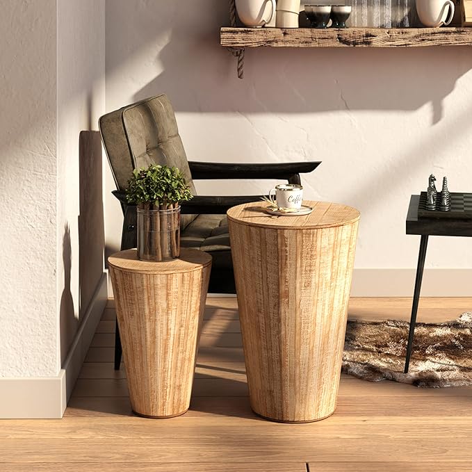 Farmhouse Nesting Barrel Side Table, Rustic Space Saving Storage End Table Set Fully Assembled, Natural Distressed Finish