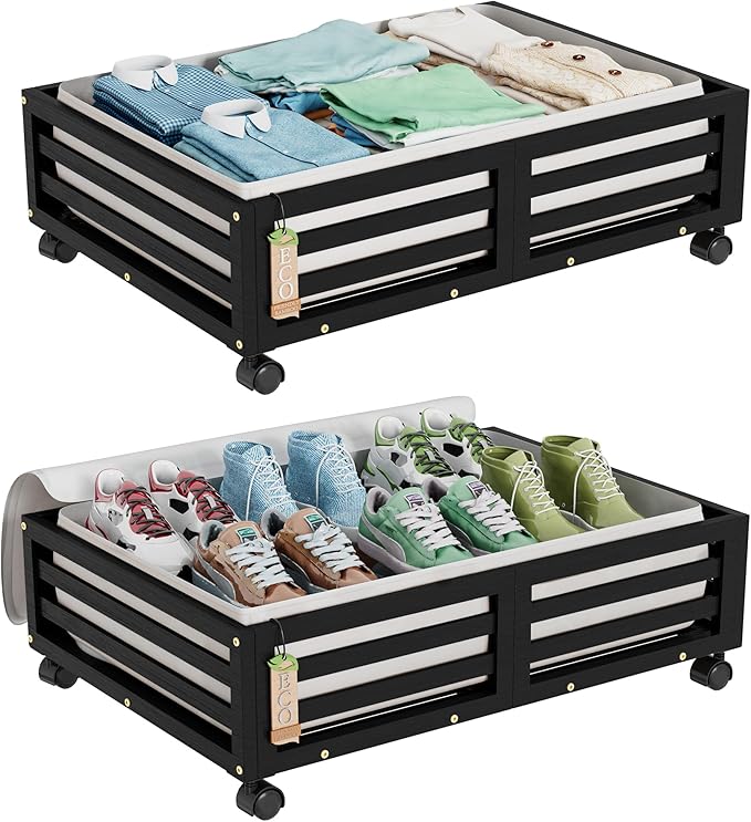 Bamboo Under Bed Storage Containers- Underbed Organizer with Wheels with Large Dust Bag,Sturdy Wood Rolling Under the Bed Shoe Storage Organizer Drawer 2 Pack-NeatNest