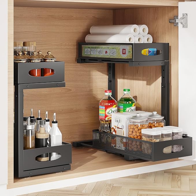 Under Sink Organizer, 2-Tier Put Out Cabinet Organizer, Adjustable Rust Proof Under Sink Organizers and Storage, Kitchen Undersink Organizers for Kitchen, Bathroom, Cabinet, Counter, 2 Pack, Black-NeatNest