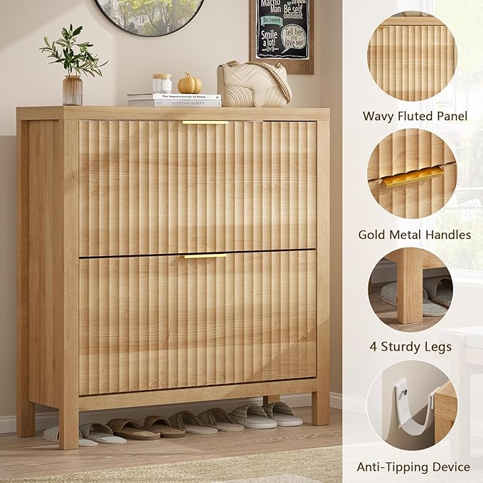 Shoe Cabinet Storage for Entryway, Fluted Shoe Cabinet with 2 Flip Drawers, Hidden Shoe Rack Tall Freestanding Shoe Organizer with Legs for Hallway, Wood-NeatNest