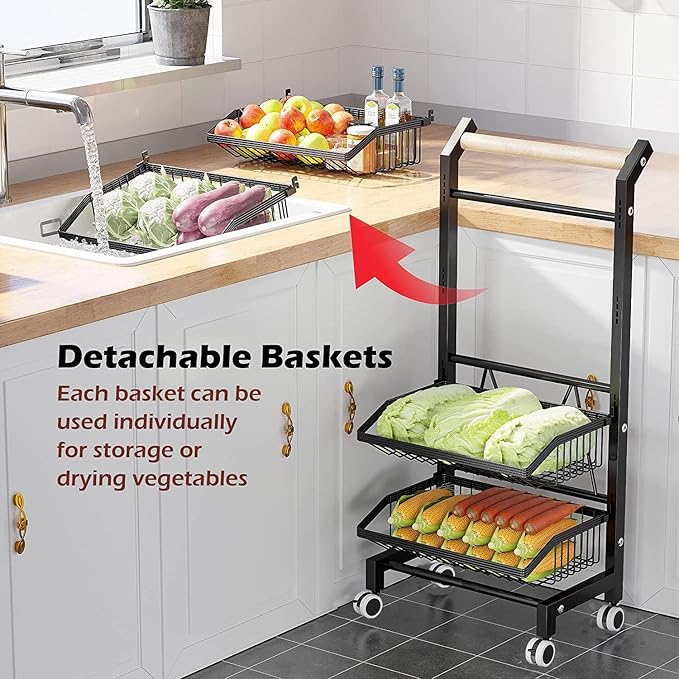 COVAODQ Snack Cart with Wheels 4-Tier Adjustable Fruit Rack Fruit Vegetable Basket Cart Metal Wire Storage Cart Rolling Pantry Utility Kitchen Cart
