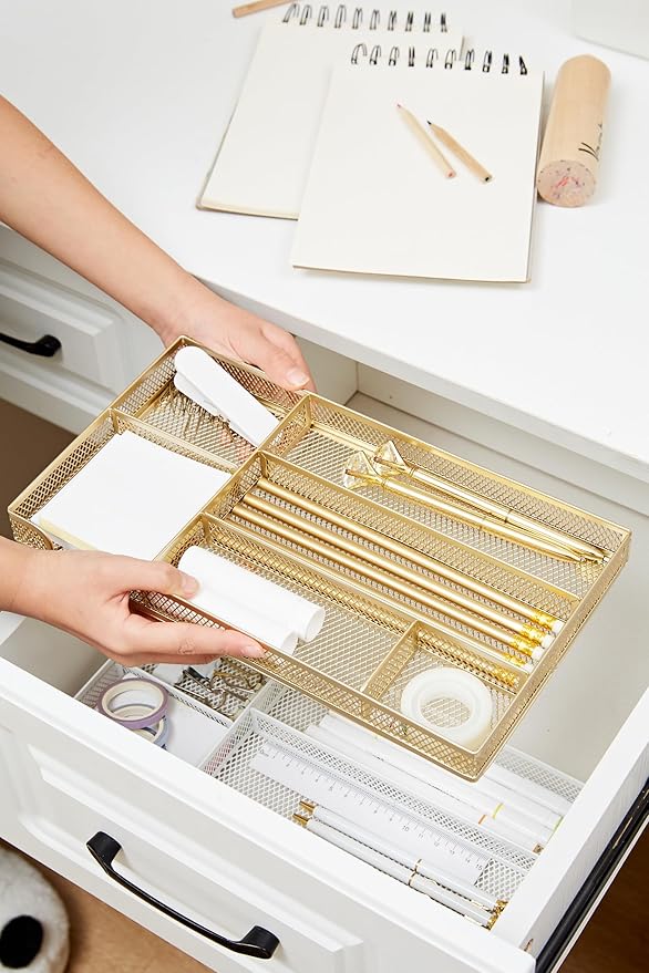 Annova Desk Drawer Organizer Tray for Office Organization - Metal Mesh - Storage Tray with Dividers for Pens, Desktop Accessories, Bathroom, Kitchen, Makeup and Office Supplies (Small, Gold)-NeatNest