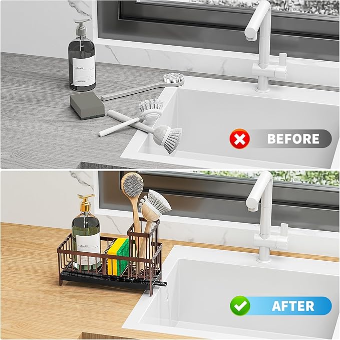 Cisily Brown Sponge Holder for Kitchen Sink, Sink Caddy Organizer with High Brush Holder, Kitchen Countertop Organizers and Storage Essentials, Rustproof 304 Stainless Steel, Soap Dispenser Organize-NeatNest