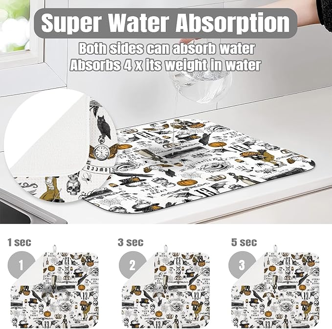 Dish Drying Mat for Kitchen Counter Large 18" x 24" Vintage Halloween Absorbent Microfiber Dishes Drainer Rack Mats Pad Reusable Washable