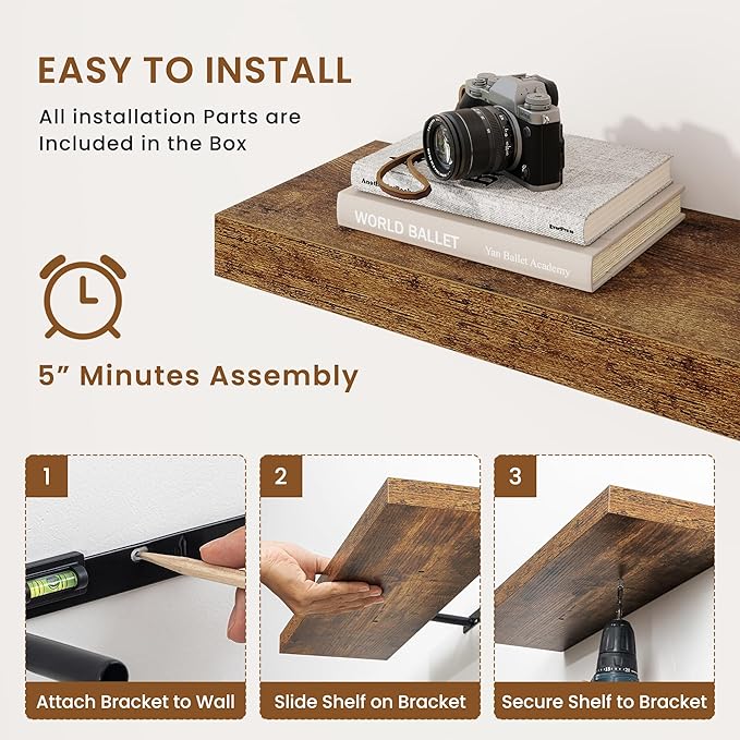 fuqing Floating Shelves for Wall, Bathroom Shelf Wall Mounted for Storage, Shelves with Invisible Bracket for Bedroom, Kitchen, Living Room, Farmhouse Small Book Shelf, 24 Inch Set of 2, Rustic Brown-NeatNest