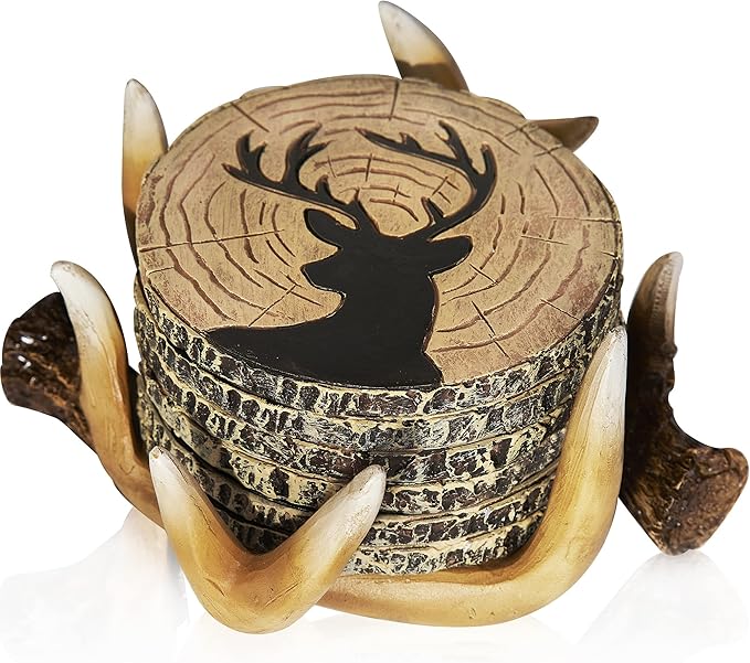 Deer Antlers Coaster Set of 6 – Handcrafted Deer Antler Decor and Man Cave Gifts for Men - 6 Full Size Deer Antlers Coasters for Man Cave Décor-NeatNest