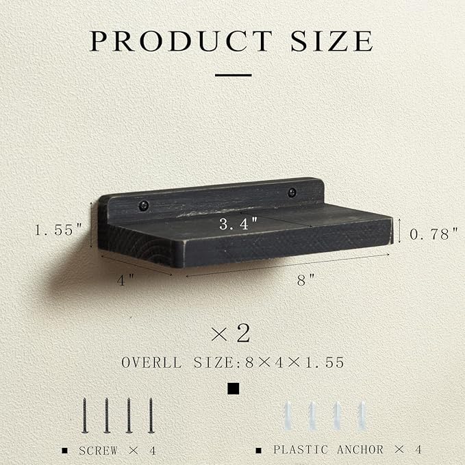 Freezing point Small Floating Shelf for Wall Set of 2 Natural Wood 8Inch Mini Wall Shelves Decor Plant Display Collectibles Mounted Kitchen Bathroom Bedroom Corner Decorative Storage Tiny Stand Black-NeatNest