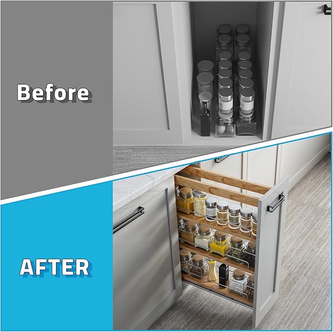 Dowell 5" Base Pull-out Spice Organizer with Adjustable Shelves for Base Kitchen Cabinet, Bottom Mounted Soft Close Slides - 4004 0524 | Soft-Close Wooden Slide Out Spice