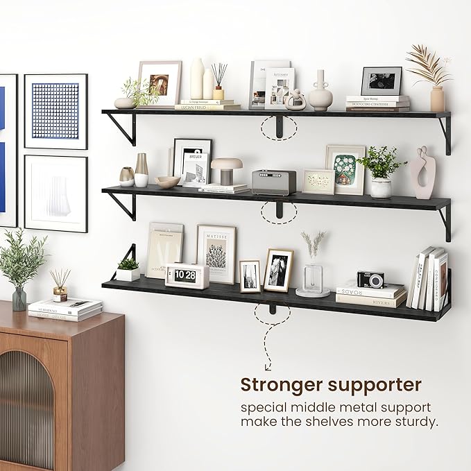 Fun Memories Deep Floating Shelves for Wall, 55W x 8D Wall Mounted Shelves Set of 2, Wide Display Ledge Shelf with Sturdy Metal Brackets for Living Room, Bathroom, Bedroom and Kitchen, Black-NeatNest