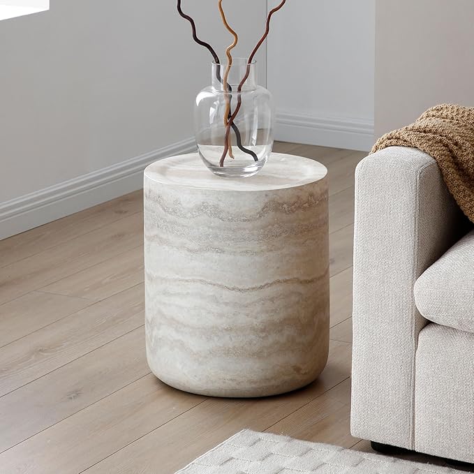Marble Coffee Table, Modern Round Coffee Table, Circle Drum Coffee Tables, Fiberglass Center End Table for Living Room Apartment Office, No Assembly (15.74" Faux Marble)