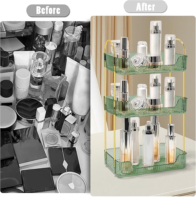 Bathroom Counter Organizer Countertop Storage Skincare Countertop Makeup Organizer Cosmetics Skincare Organizers Holder for Perfume-Green-Golden Pole-3 Tier-NeatNest