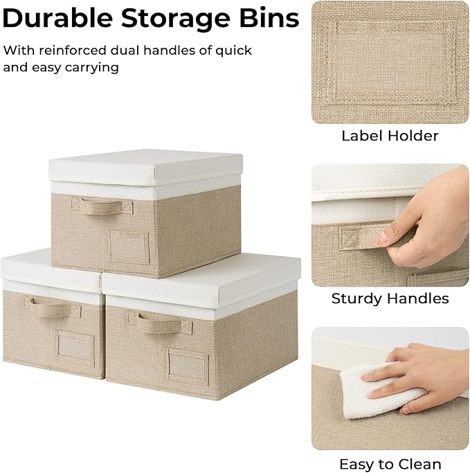 GRANNY SAYS Storage Bins with Lids, Linen Storage Bins for Shelves, Decorative Storage Boxes, Clothes Storage and Organization, Storage Boxes for Organizing, 3-Pack, Khaki&Ivory-NeatNest