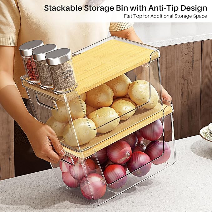 2 Set Pantry Organizer and Stackable Storage Kitchen,Sturdy and Durable Storage Basket for Potato, Onion, Garlic, Fruit, Vegetable, Produce, Clear Plastic Storage with Lid&Handle