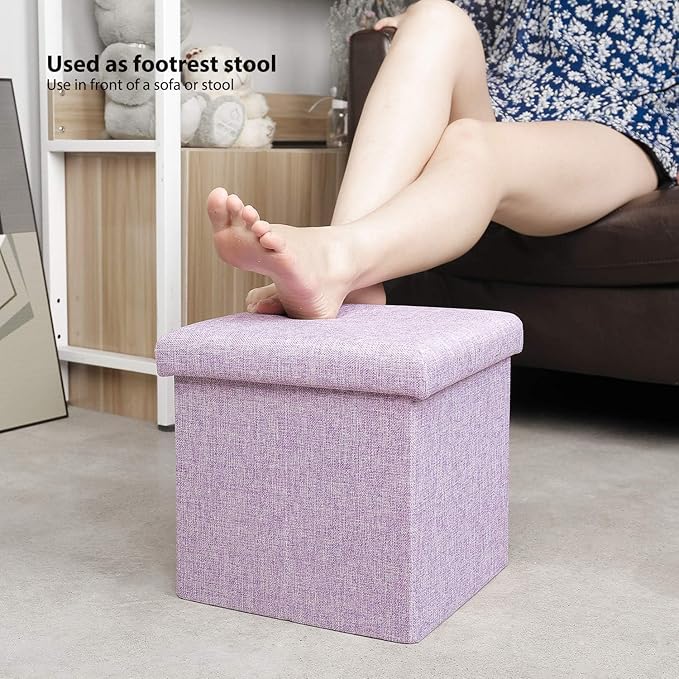 B FSOBEIIALEO Storage Ottoman Cube, Linen Small Foot Seat, for Living Room, Bedroom, Home Office, Dorm Storage Footrest Light Purple 11.8"x11.8"x11.8"