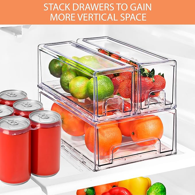 Sorbus Fridge Drawers - Clear Stackable Pull Out Refrigerator Organizer Bins - Food Storage Containers for Kitchen, Freezer, Vanity & Fridge (3 Pack | 1 Medium, 2 Small Stackable Drawer Bins)