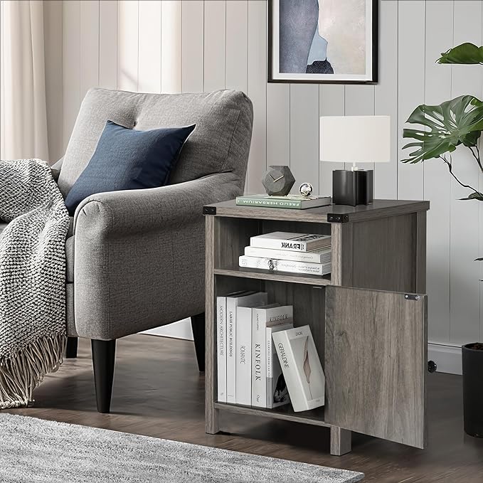 Farmhouse Nightstand, End Table, End Tables with Barn Door and Shelf, Modern Bed Side Table Rustic Gray Nightstands Set for Bedroom, Living Room, Set of 2, Gray Wash