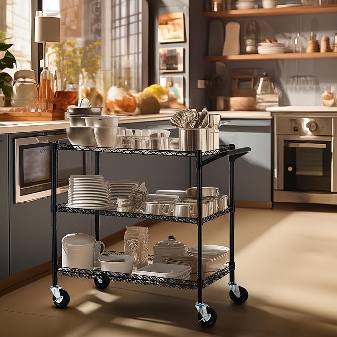 Finnhomy 3 Tier Heavy Duty Commercial Grade Utility Cart, Wire Rolling Cart with Handle Bar, Steel Service Cart with Wheels, Kitchen Carts on Wheels, Metal Cart Shelf Size 18" D x 36" W, NSF, Black