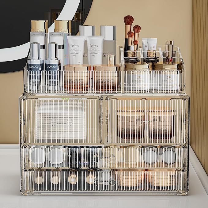 ZHIAI Stackable Storage Drawers, Acrylic Bathroom Counter Organizer Clear Makeup Organizers for Vanity, Kitchen Cabinets, Bathroom, Undersink, Home Organization and Storage (1 Top 4 Drawers D)-NeatNest
