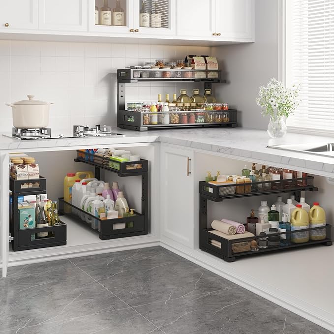 2 Pack 20.47IN Depth Under Sink Storage Organizer, Large 2-Tier Elegant Mesh Pull Out Shelf for Kitchen and Bathroom Cabinet Organization, L-Shaped and Adjustable Height Design-Black-NeatNest