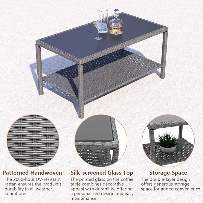 C-Hopetree Small Outdoor Coffee Side End Table for Outside Patio Storage, Gray All Weather Wicker with Glass Top, Rectangle