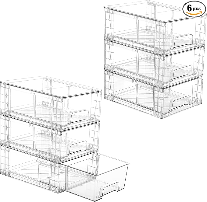 Vtopmart 6 Pack Stackable Storage Drawers,Clear Acrylic Drawer Organizers with Handles, Easily Assemble Containers for Fridge, Bathroom,Kitchen Undersink,Cabinet,Pantry Organization and Storage-NeatNest