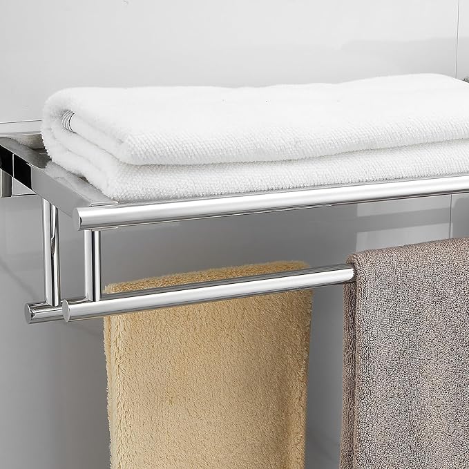 Bathroom Towel Rack with Double Towel Bar 32 Inch Bathroom Hotel Shower Shelf SUS304 Stainless Steel Modern Wall Mounted Holder Polished Chrome