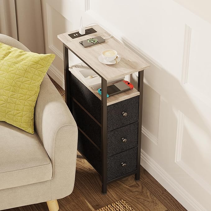 End Table with Charging Station, Narrow Side Table with 3 Fabric Drawers, Skinny Nightstand with LED Light, Slim Bedside Table for Bedroom, Living Room, Small Spaces, Greige and Black
