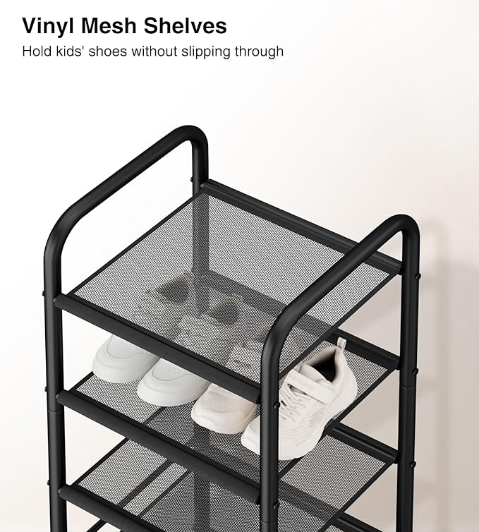 STO STO 10-Tier Narrow Shoe Rack with Sturdy Mesh Shelves, Slim Tall Metal Shoe Organizer for Entryway, Closet, Hallway, Holds 10 Pairs, Vertical Free Standing Shoe Storage Shelf, Black-NeatNest
