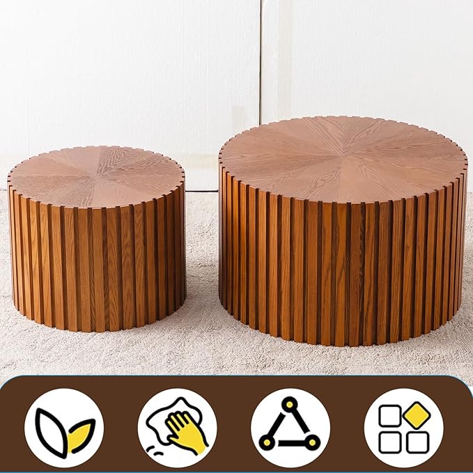Nesting Coffee Table Set of 2 Wood Circle Drum Coffee Tables Set Contemporary Fluted Coffee Tables for Living Room & Small Space (Dark Wood Grain, 18.9+14.9in)