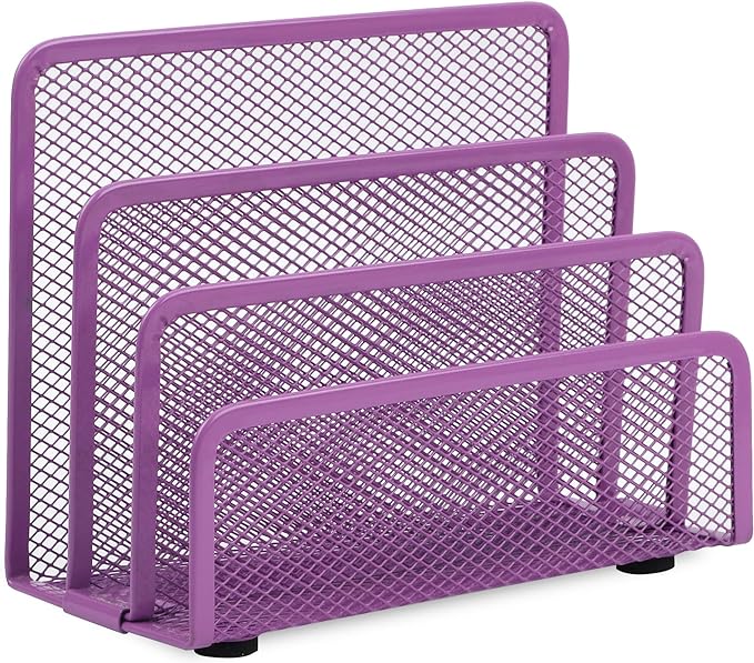EASEPRES Desk Mail Organizer, Office Small Desktop Metal Mesh Envelope Letter Sorter Paper File Holder Organizer with 3 Vertical Upright Compartments, Purple 1 Pack