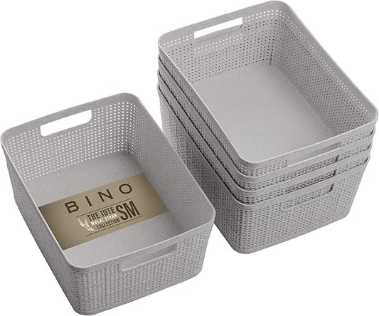 BINO | Woven Plastic Basket | Small (Natural Grey), 5-Pack | THE JUTE COLLECTION | Home Organization, Space - Saving Storage, Stylish Design | Jute Basket | Plastic Storage Basket-NeatNest