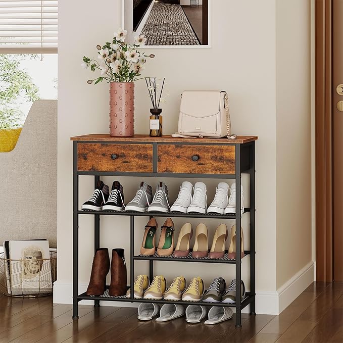 Snughome Shoe Rack for Entryway, 4 Tier Shoe Organizer with 2 Non-Woven Drawers, Shoe Storage Shelves with Sturdy Wooden Top and Metal Shelves, Shoe Stand for Closet-NeatNest