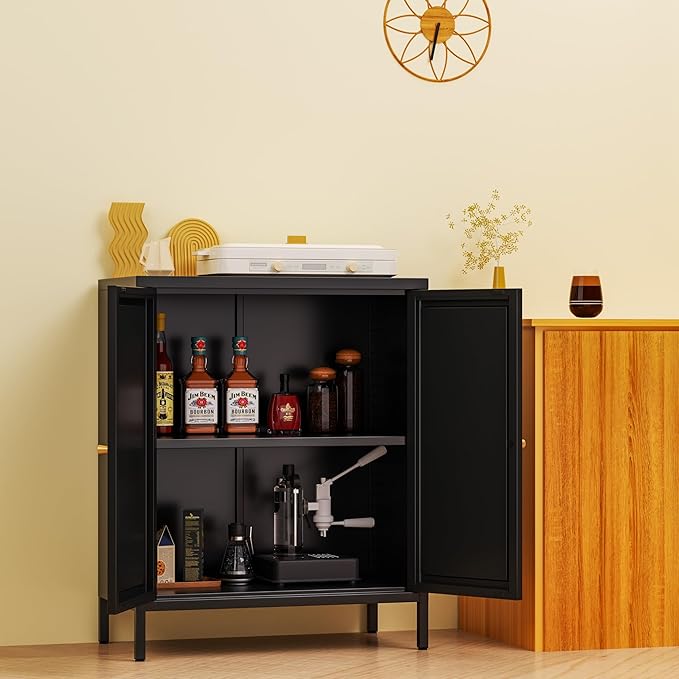 2 Door Metal Accent Cabinet, Small Sideboard, Locker Style Accent Storage Cabinet with Doors and Adjustable Shelves for Home, Office, Living Room, Kitchens (Square Door, Black)