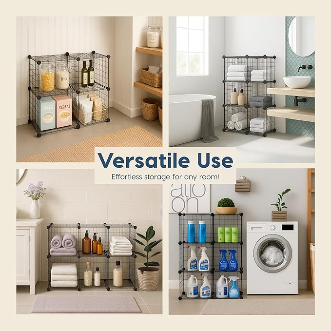 IRIS USA 6-Cube Modular Wire Cube Storage Organizer, Adjustable & Expandable Metal Shelving for Closet, Bathroom & Home Storage, Stackable Wire Grid, 60 lb Capacity, Black