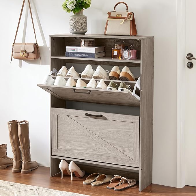 Shoe Storage Cabinet with 2 Flip Drawers,Farmhouse Narrow Shoe Organizer with Legs,Freestanding Hidden Slim Shoe Rack Cabinet with Open Storage for Entryway,Hallway, Foyer, Grey-NeatNest