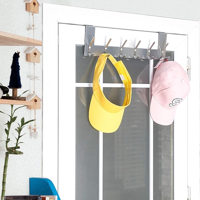 WEBI Over The Door Hooks Door Hanger:Over The Door Towel Rack with 6 Hooks for Hanging,Door Coat Hanger Towel Hanger Over Door Coat Rack for Towels,Clothes,Silver,2 Packs